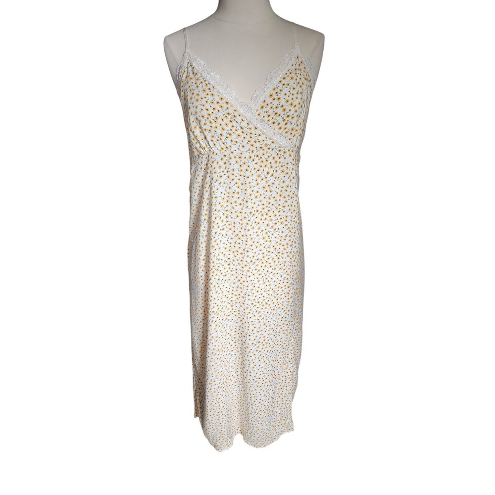 No Boundaries Y2K Babydoll V-neck Midi Dress Womens L Cream Ditsy Sunflower